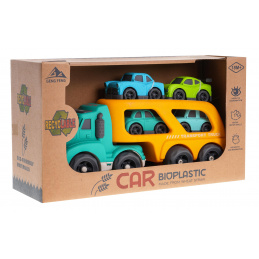 Karavan + 4 BIOplastična autića za djecu 18m+ Žuta + Zvukovi Svjetla + Pokretni dijelovi + Ekološki materijal