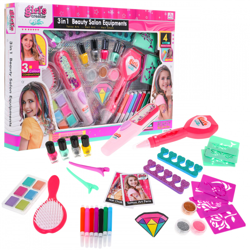 Mega styling set 3 u 1 za djevojčice - Obojana kosa + Manikura + Tetovaža