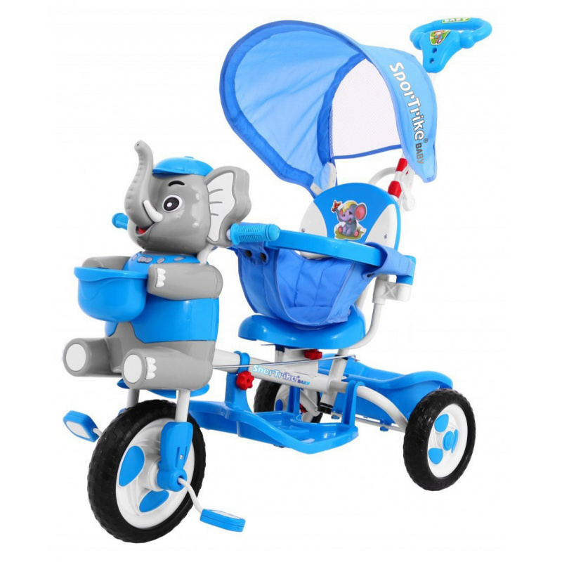 dječji tricikl Elephant Blue + zvukovi + krović + zaštitna pregrada + oslonac za noge + ručka + klizne letvice + prostor za pohranu