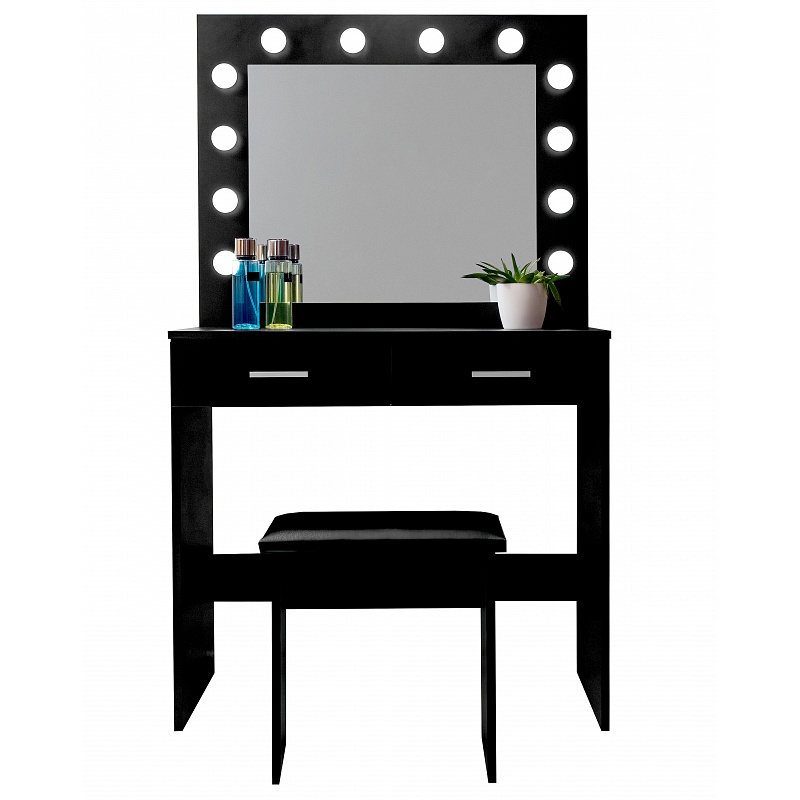 Aga Toaletni stolić s ogledalom i osvjetljenjem + tabure Mat Crni - II. KVALITETA