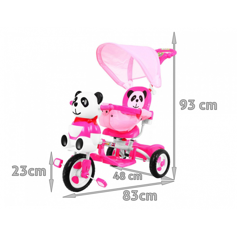 dječji tricikl Panda Pink + zvukovi + krović + zaštitna pregrada + oslonac za noge + ručka + klizne letvice + prostor za pohranu