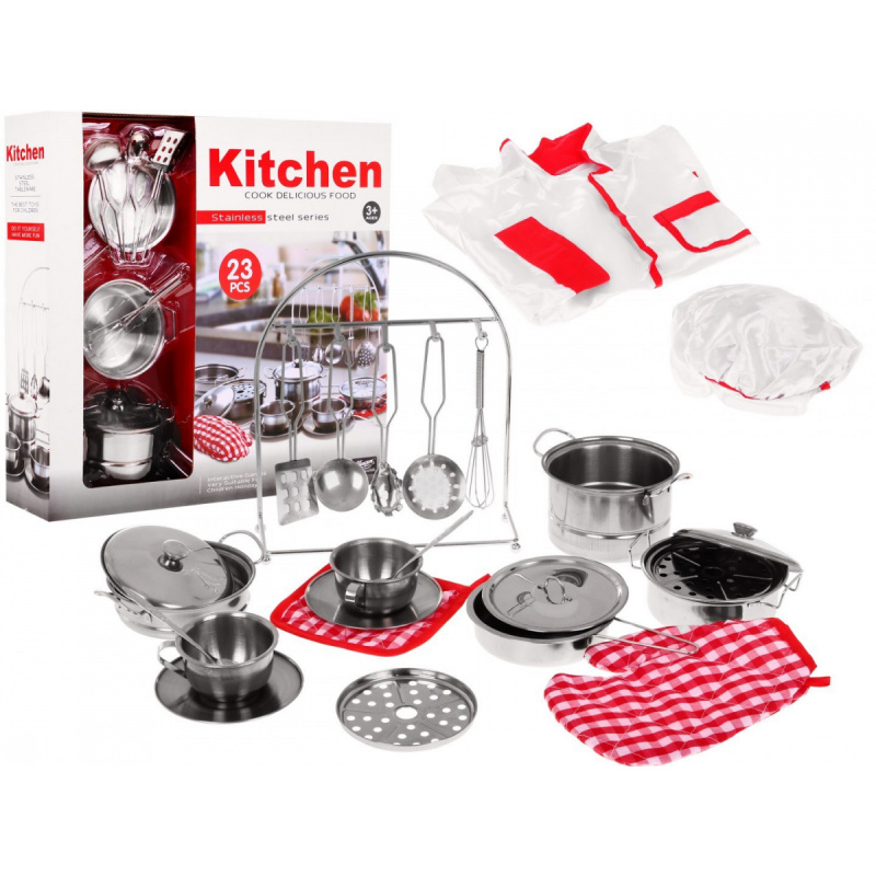 Kuhinjski set za djecu 3+ Lonci + Kuhinjski pribor + Kuharska odjeća + Pribor 23 kom.