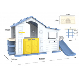 Velika kuća s predsobljem, toboganom i umivaonikom plavi krov