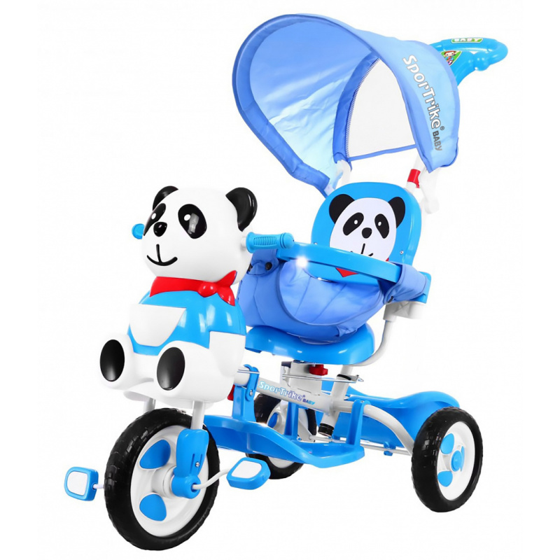 dječji tricikl Panda Blue + zvukovi + krović + zaštitna pregrada + oslonac za noge + ručka + klizne letvice + prostor za pohranu